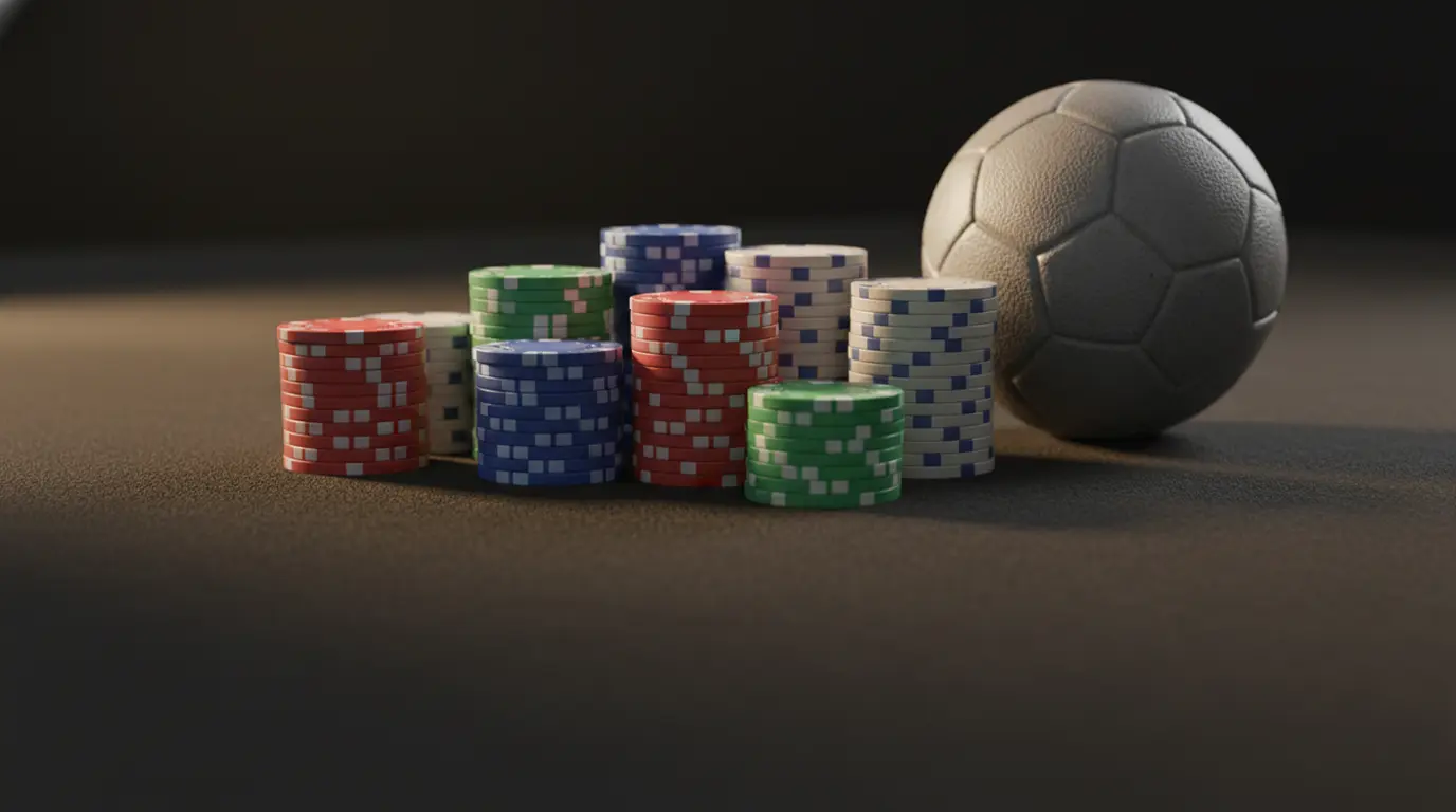Ordentlich gestapelte Pokerchips neben einem Handball symbolisieren Bankroll Management