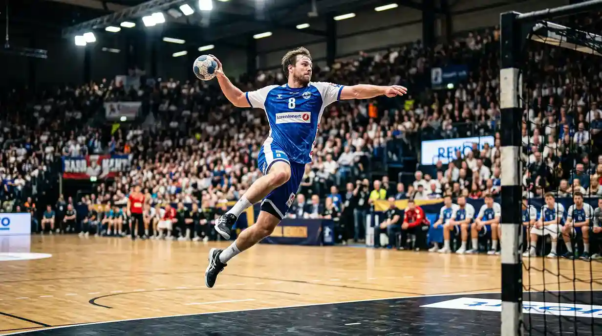 Handball-Spieler beim Wurf in einer beleuchteten Arena mit Anzeigetafel