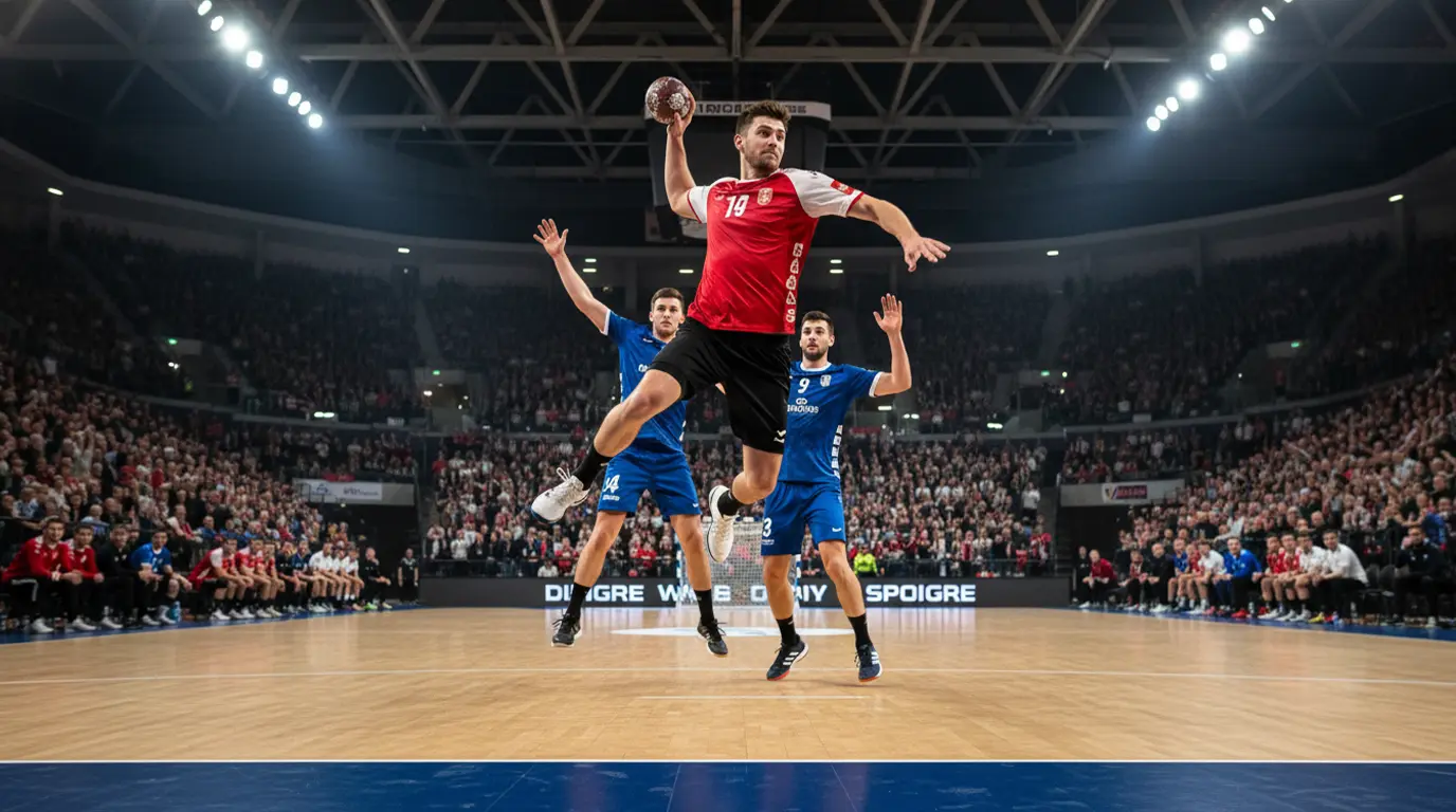 Handballspieler beim Wurf im DHB-Pokal-Spiel in einer vollen Halle