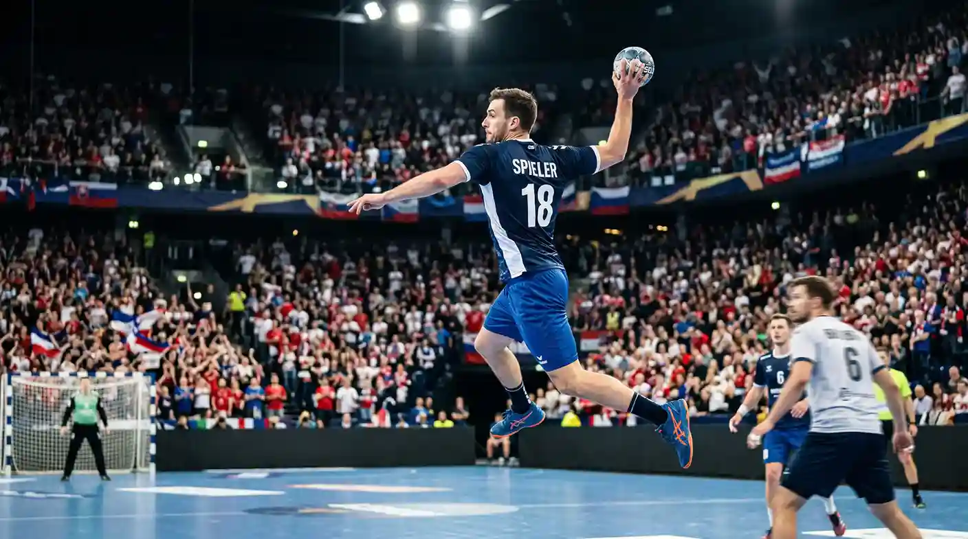 Handball-Spieler in Champions-League-Partie in einer europäischen Arena