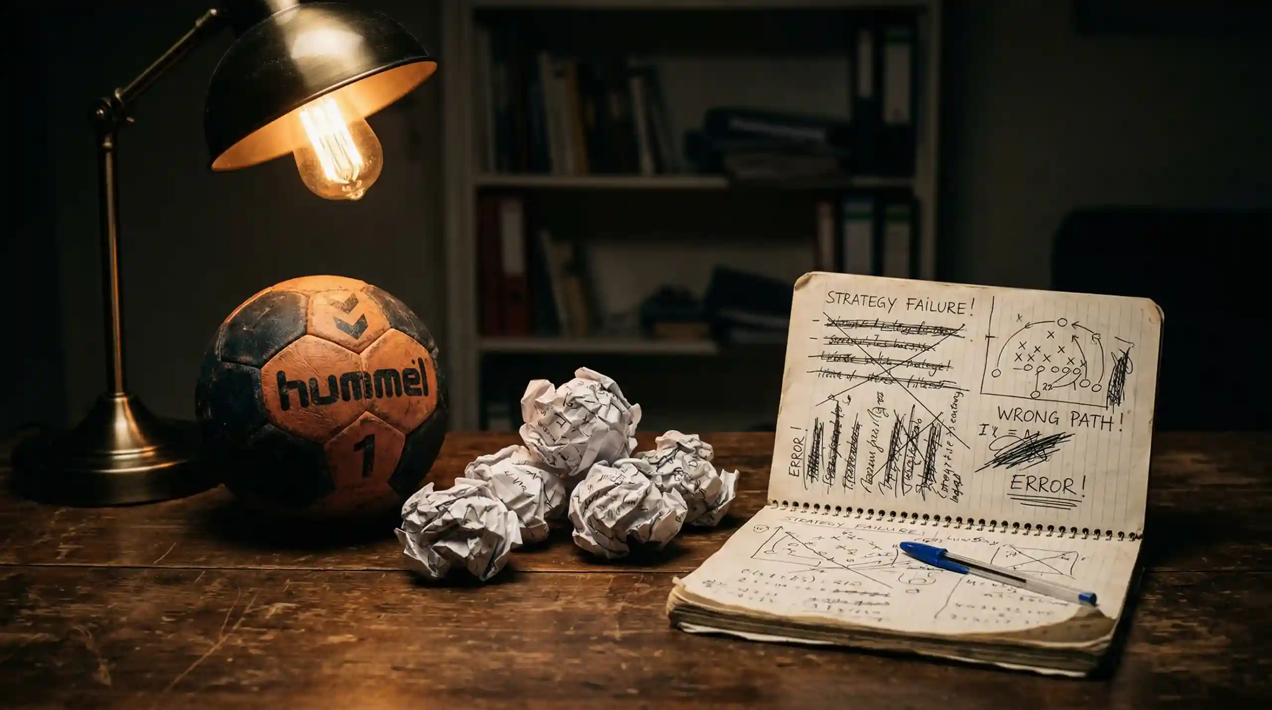Handball liegt neben zerknülltem Papier auf einem Schreibtisch