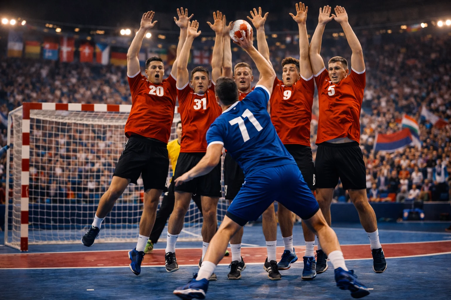 Kompakte Abwehrformation im Handball blockt einen Angriff