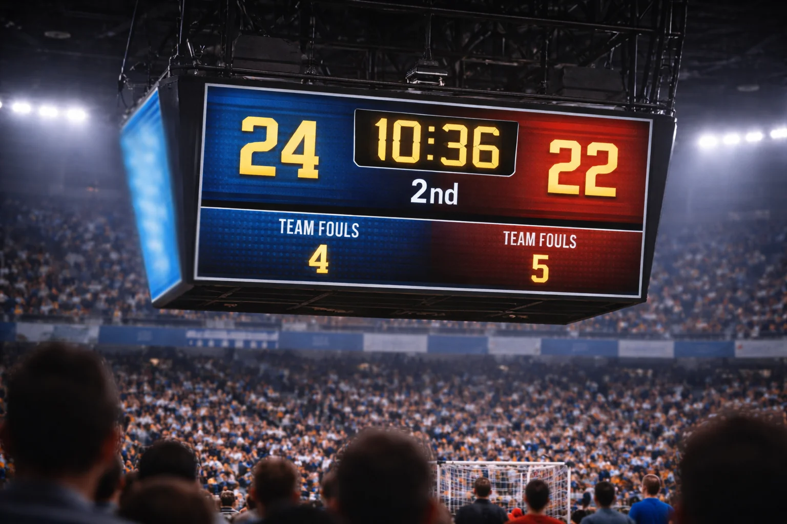 Anzeigetafel in einer Handballhalle zeigt den aktuellen Spielstand