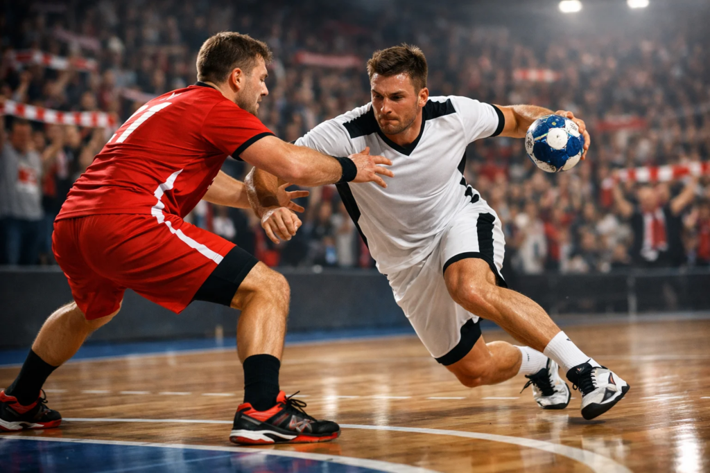 Intensives Bundesliga-Handballspiel mit Spielern im Zweikampf vor Zuschauern