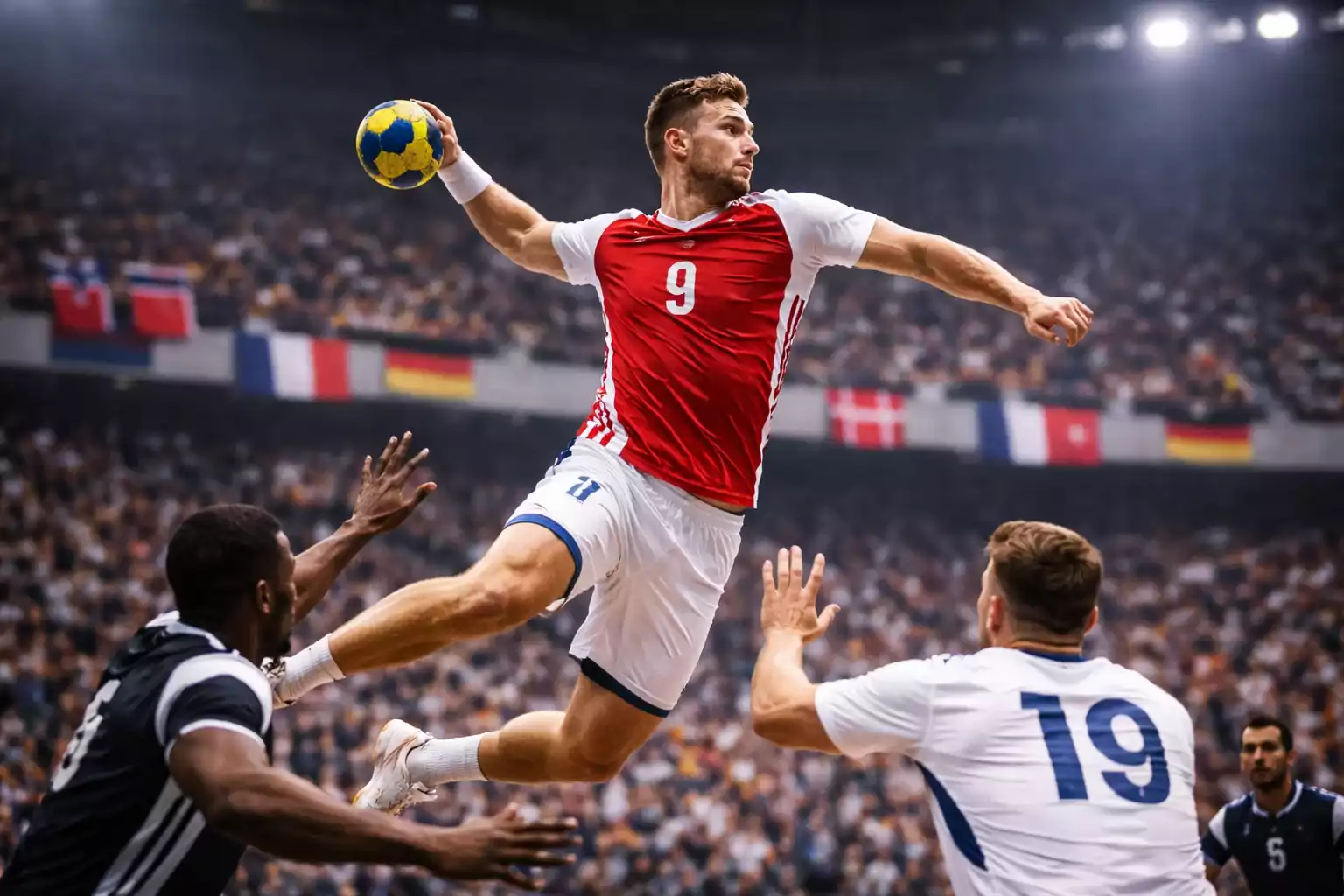 Handballspieler in Nationalmannschaftstrikot beim Torwurf