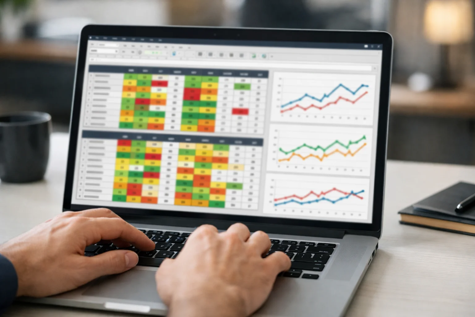 Laptop mit Tabellen und Diagrammen zur Sportdatenanalyse
