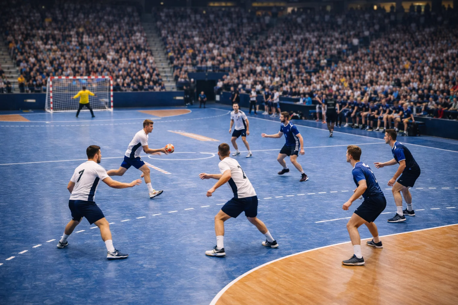 Überlegene Handballmannschaft im Angriff gegen die Abwehr
