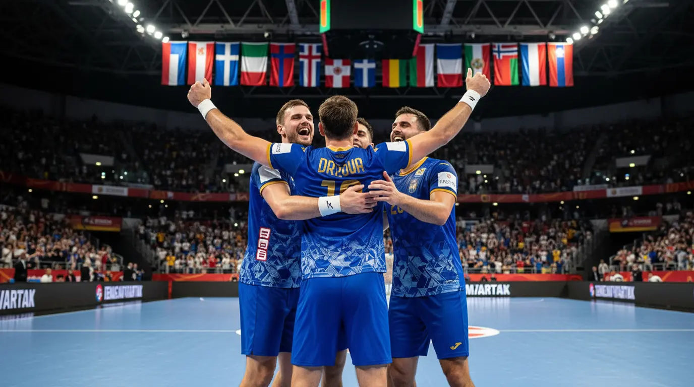 Handball-Nationalmannschaft beim Jubel nach einem Sieg bei der EM