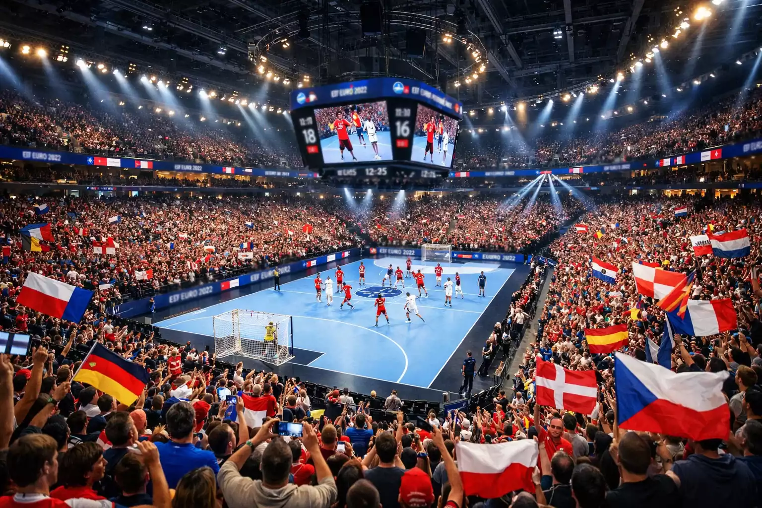 Volle Arena bei einem Handball-Länderspiel mit Flaggen