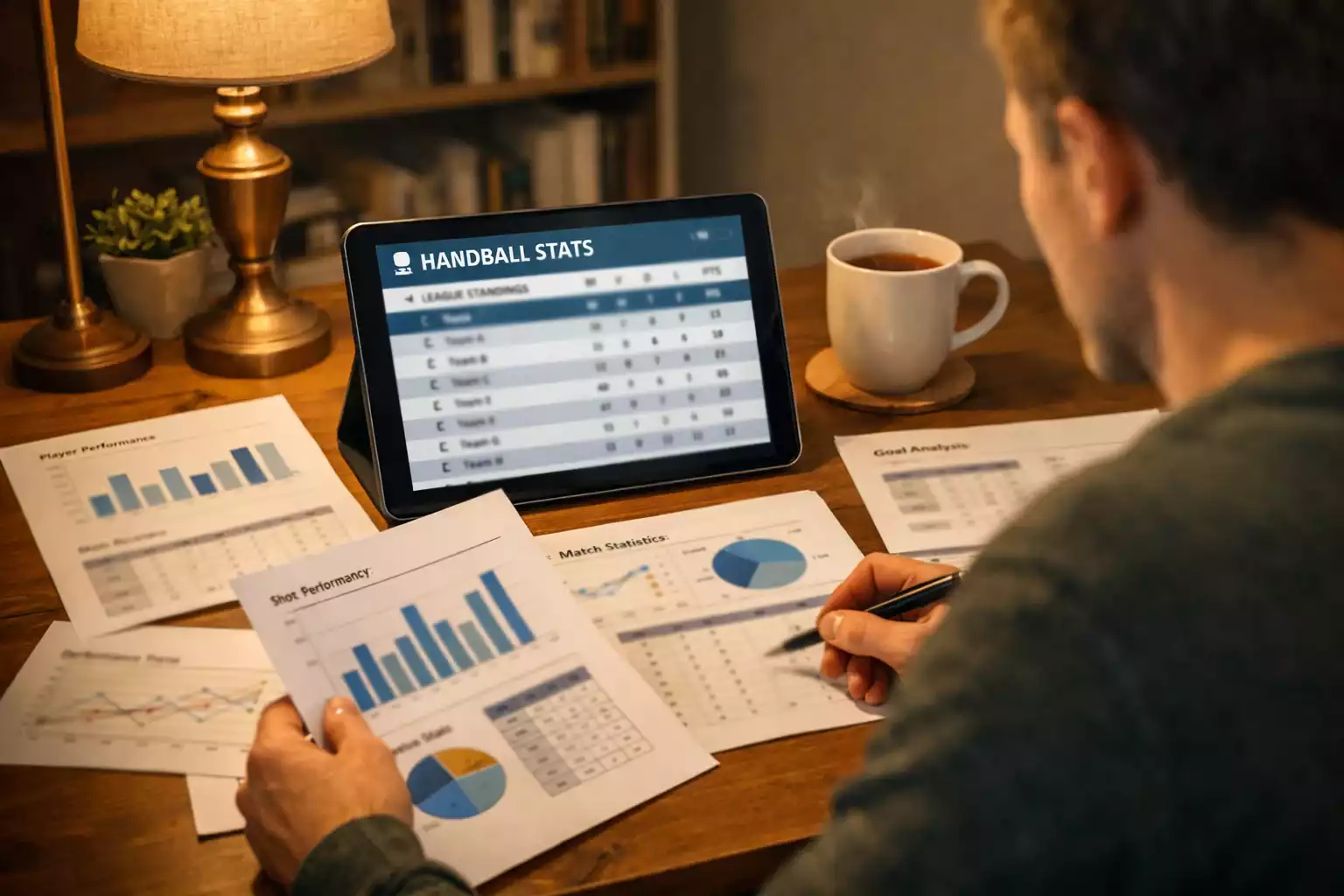 Person studiert aufmerksam Handball-Statistiken am Schreibtisch