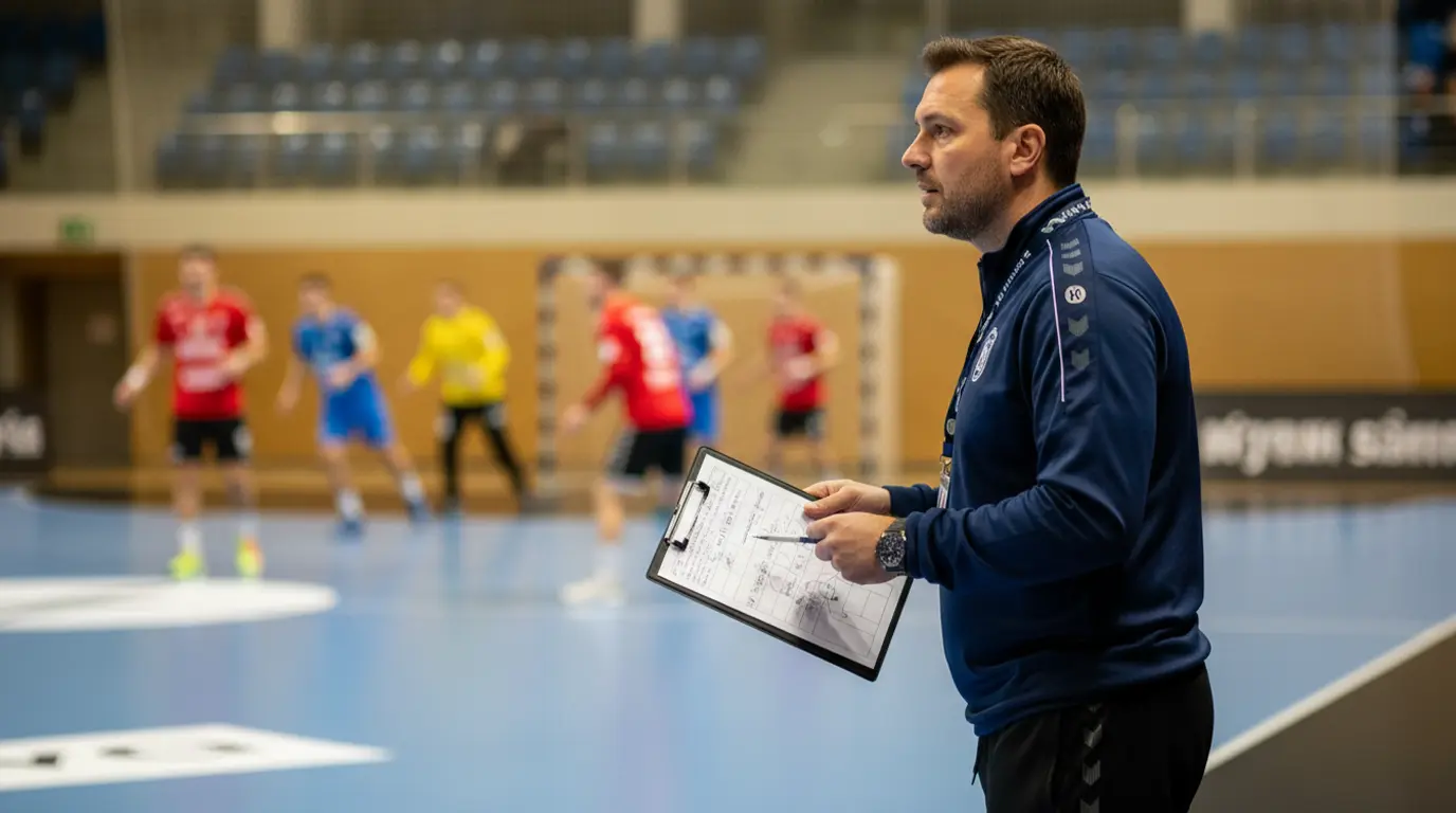 Handball-Trainer analysiert das Spiel am Spielfeldrand mit Klemmbrett