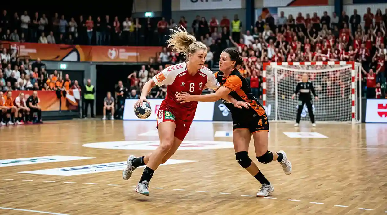 Handballspielerinnen in Aktion während eines Ligaspiels in der Halle