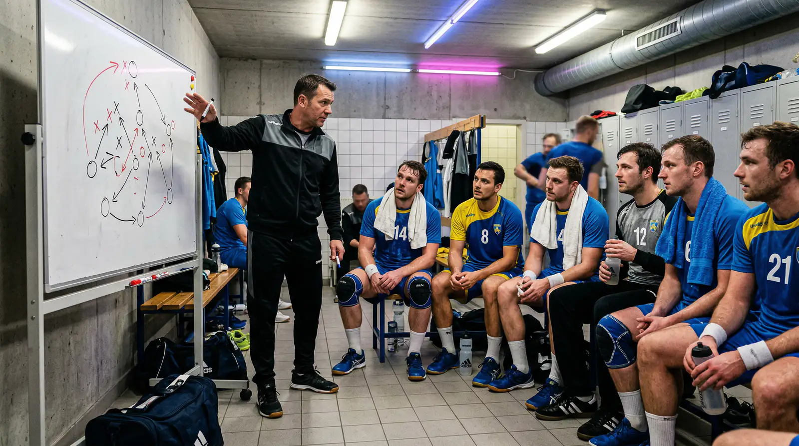 Handball-Trainer gibt taktische Anweisungen in der Halbzeitpause