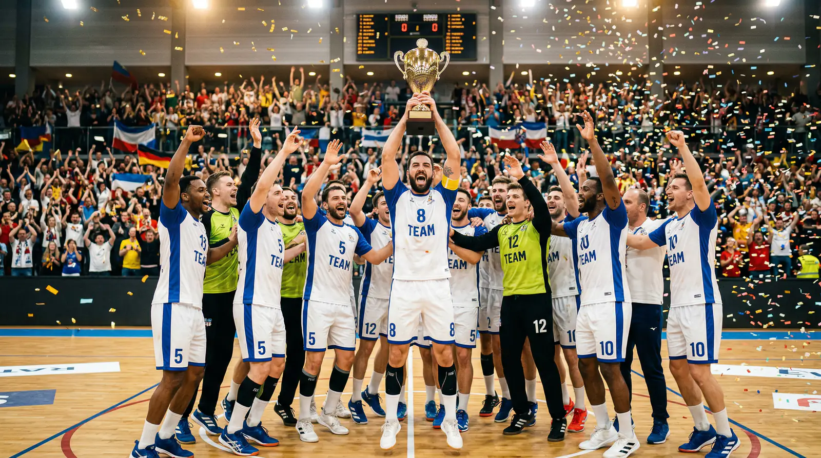 Handball-Mannschaft feiert den Meistertitel mit Pokal und Konfetti