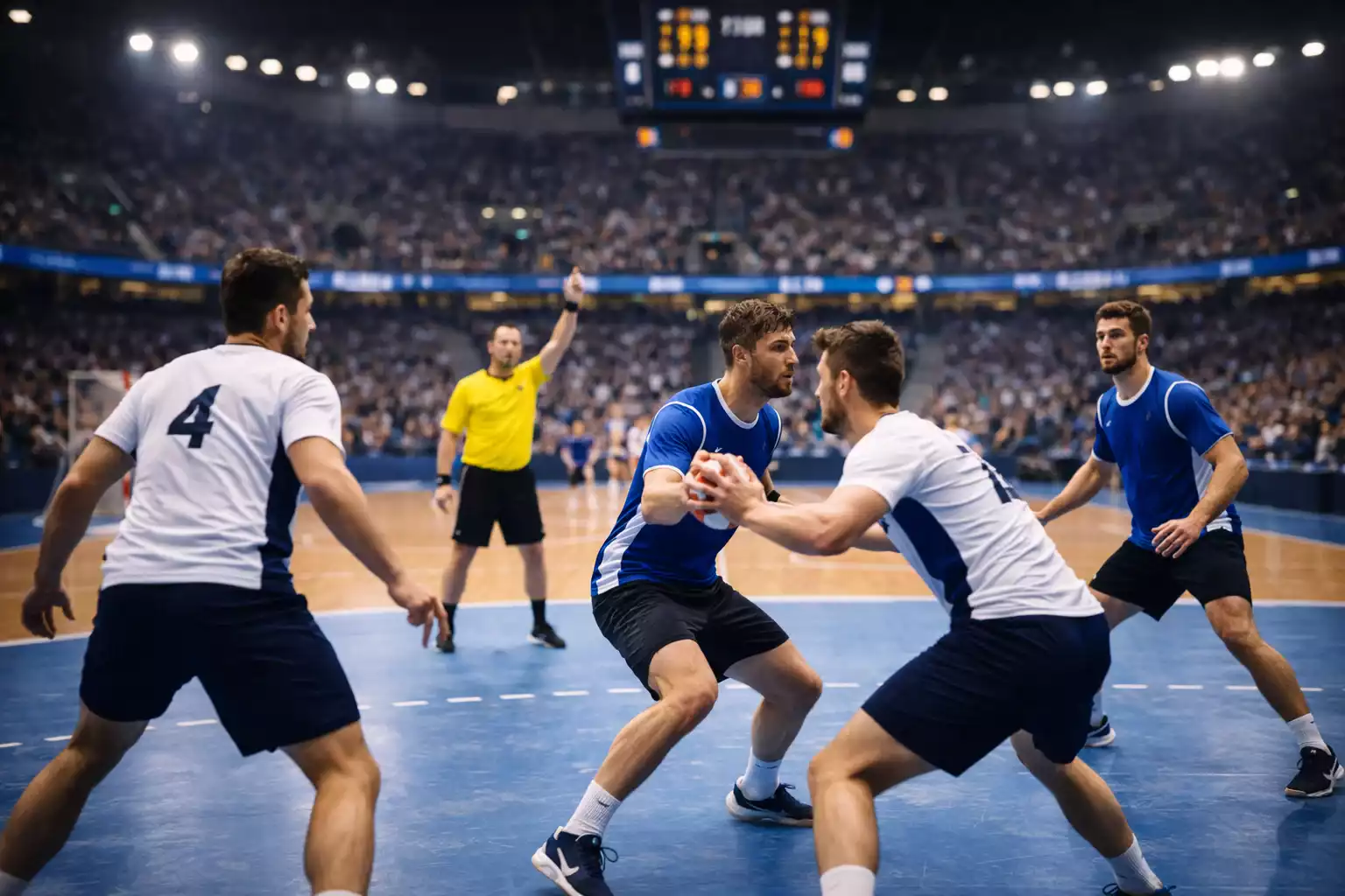 Spannende Handballszene mit konzentrierten Spielern und Fans
