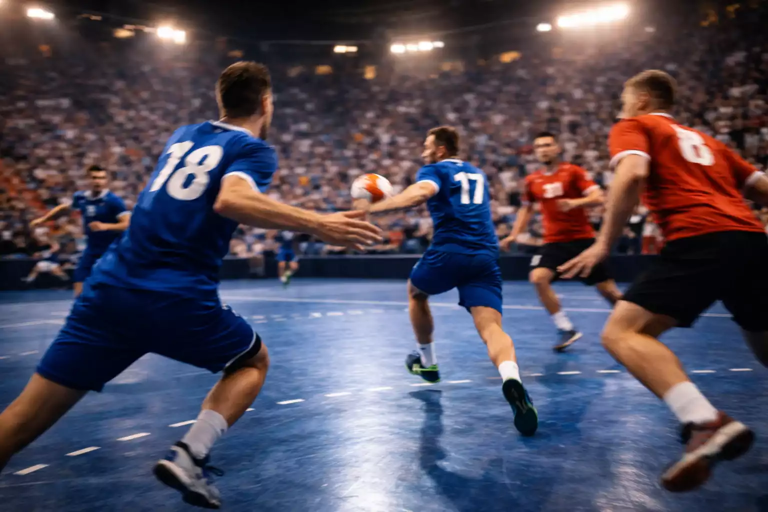 Intensive Handballspielszene mit Spielern im schnellen Angriff