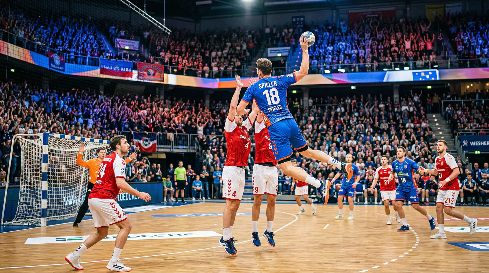 Spannende Handball-Spielszene mit Fans in einer vollen Arena