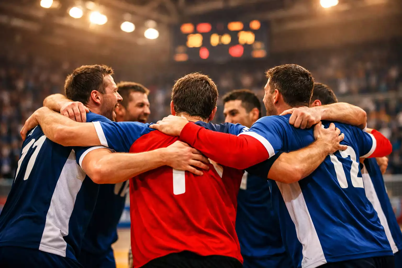 Handballmannschaft feiert gemeinsam einen Sieg auf dem Spielfeld