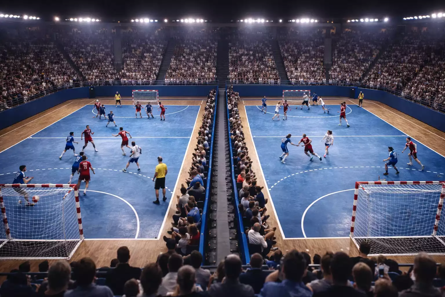 Mehrere Handballfelder nebeneinander bei einem Turnier