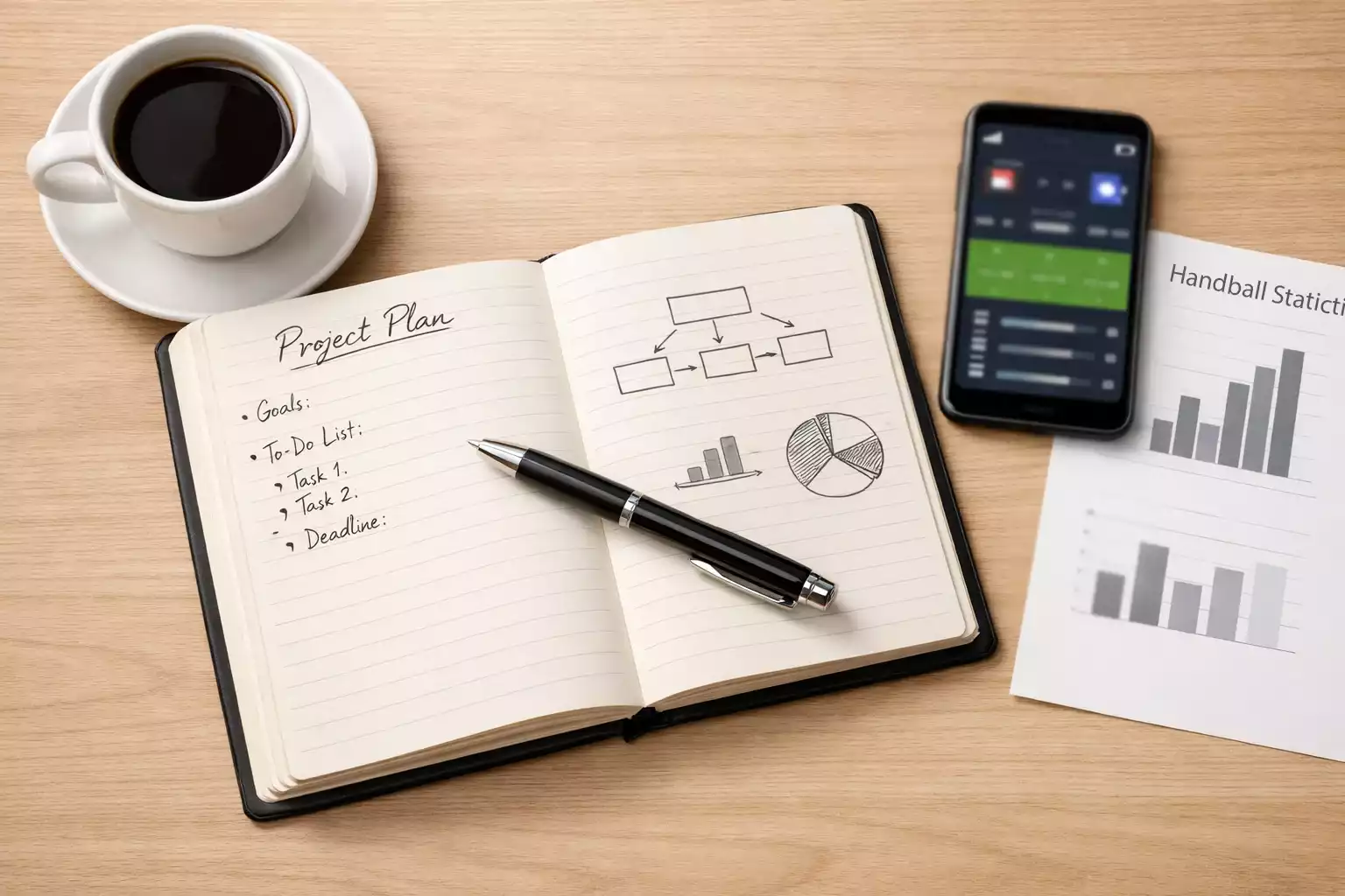 Notizbuch mit handschriftlichen Notizen und Stift auf dem Schreibtisch