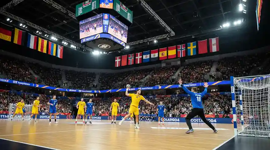 Handballspiel bei den Olympischen Spielen in einer großen Arena mit olympischen Ringen