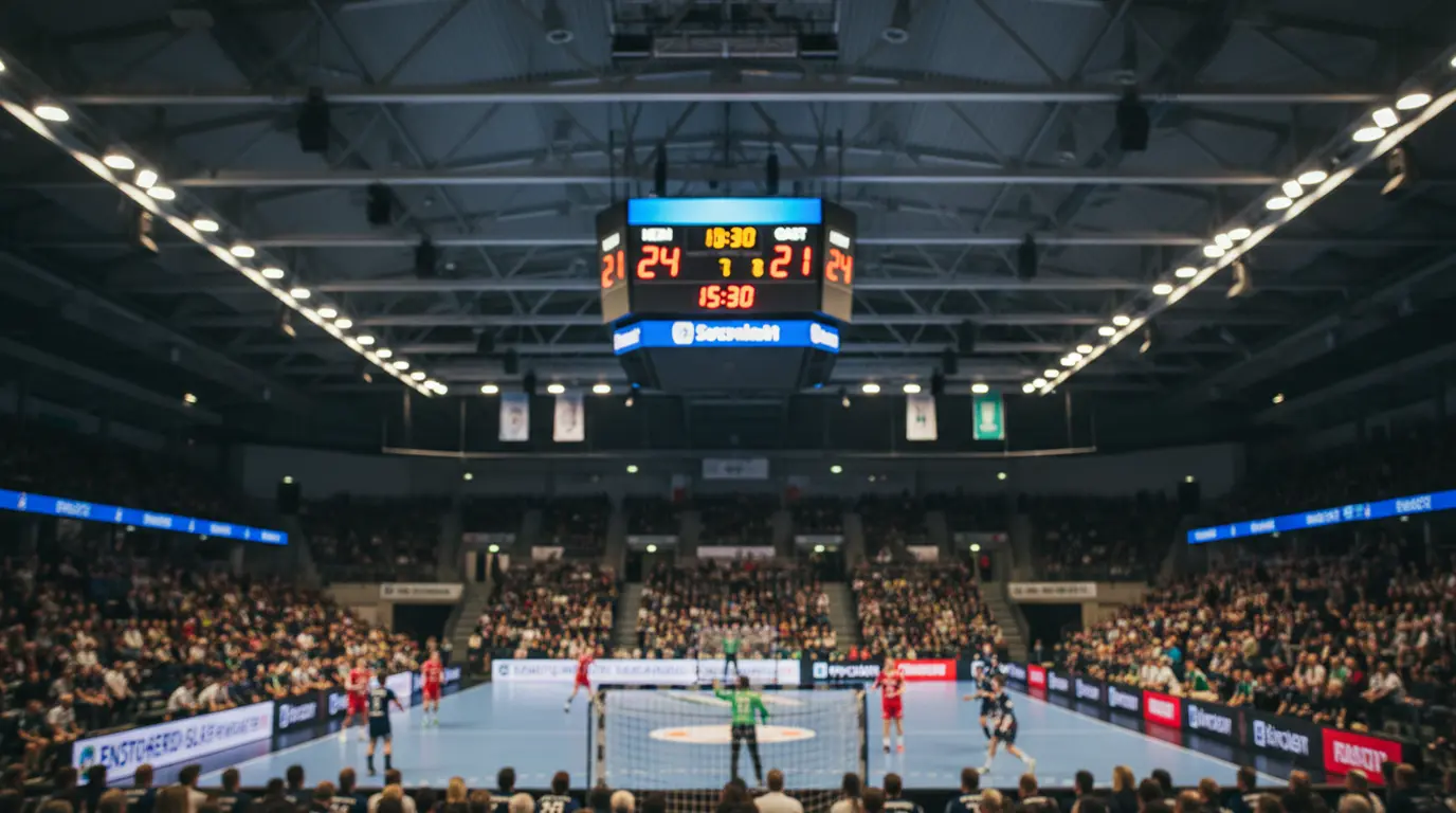 Anzeigetafel in einer Handballhalle zeigt den Spielstand während eines Spiels
