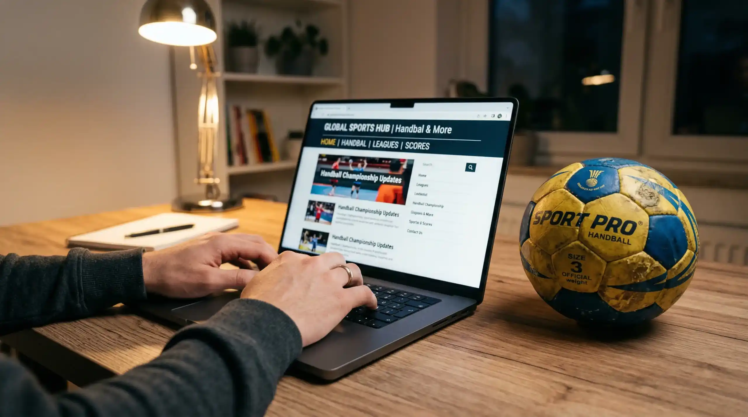 Nahaufnahme eines Laptops mit Sportwetten-Seite neben einem Handball