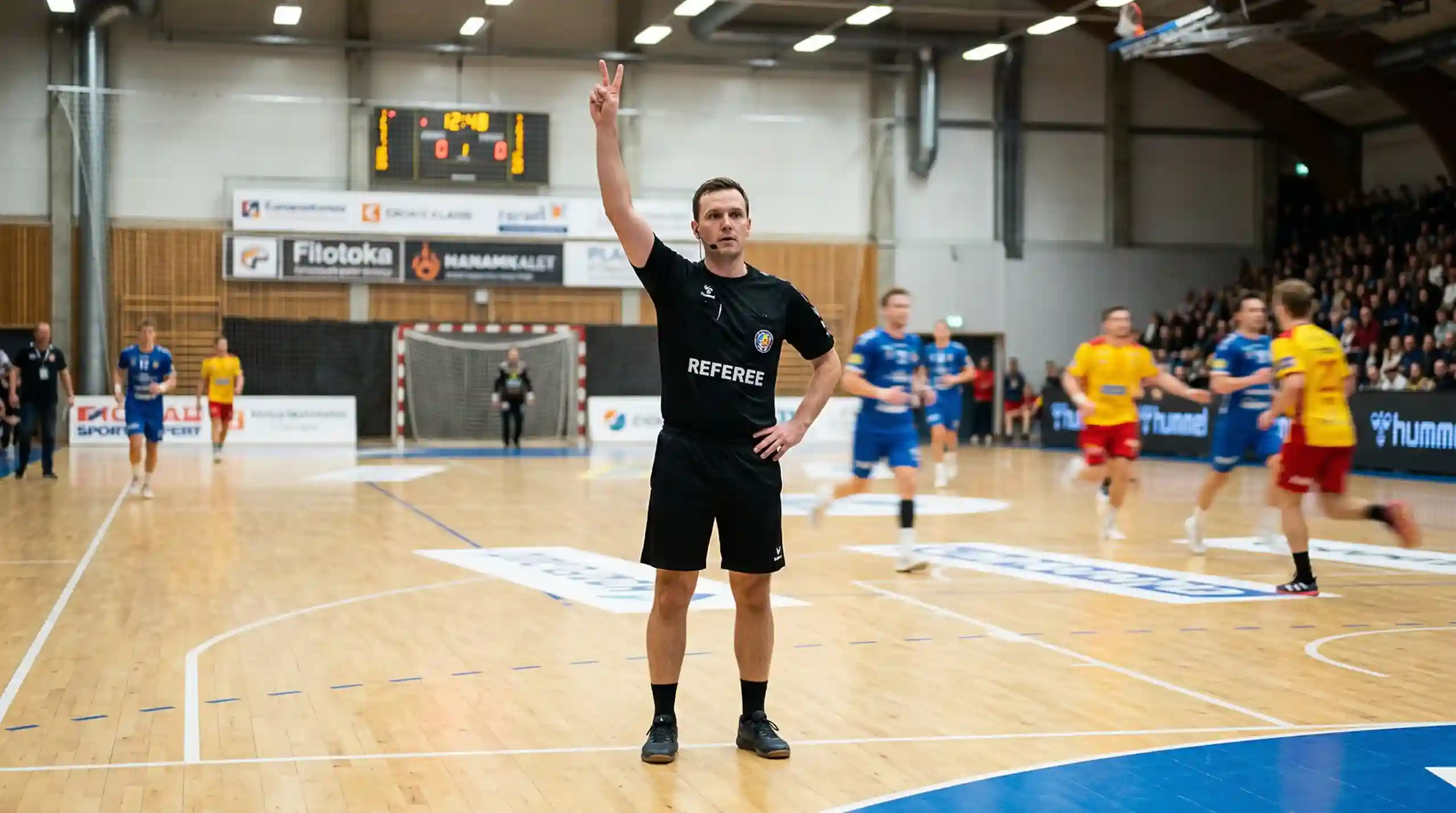 Handball-Schiedsrichter zeigt Zeitstrafe auf dem Spielfeld