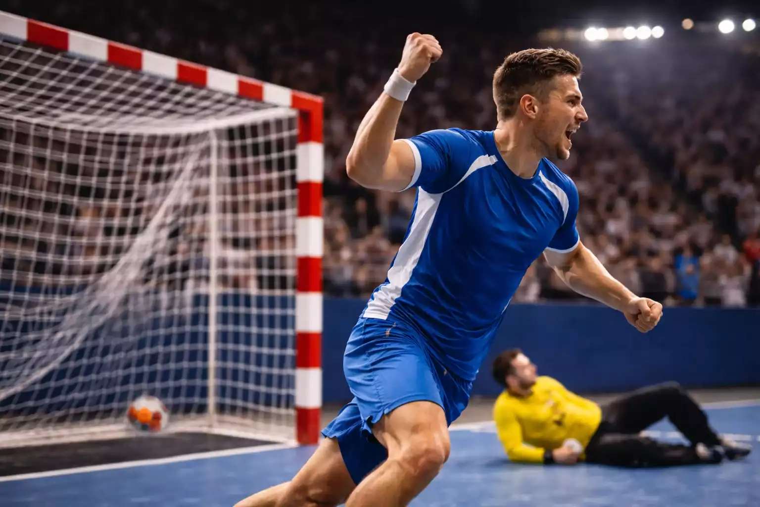 Handballspieler jubelt nach einem erfolgreichen Treffer