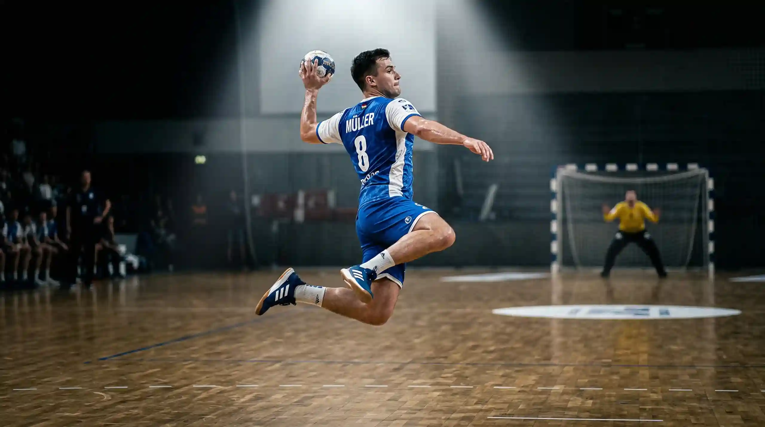 Handball-Rückraumspieler setzt zum Sprungwurf an im Scheinwerferlicht