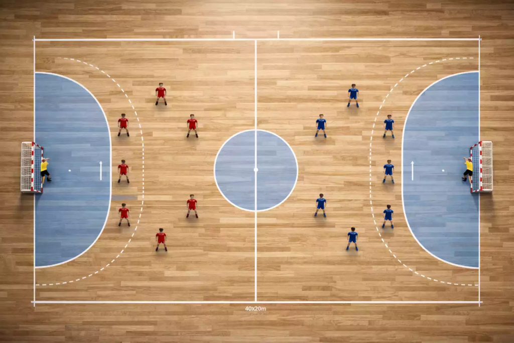 Handball-Spielfeld mit markierten Spielerpositionen und Torraum aus der Vogelperspektive