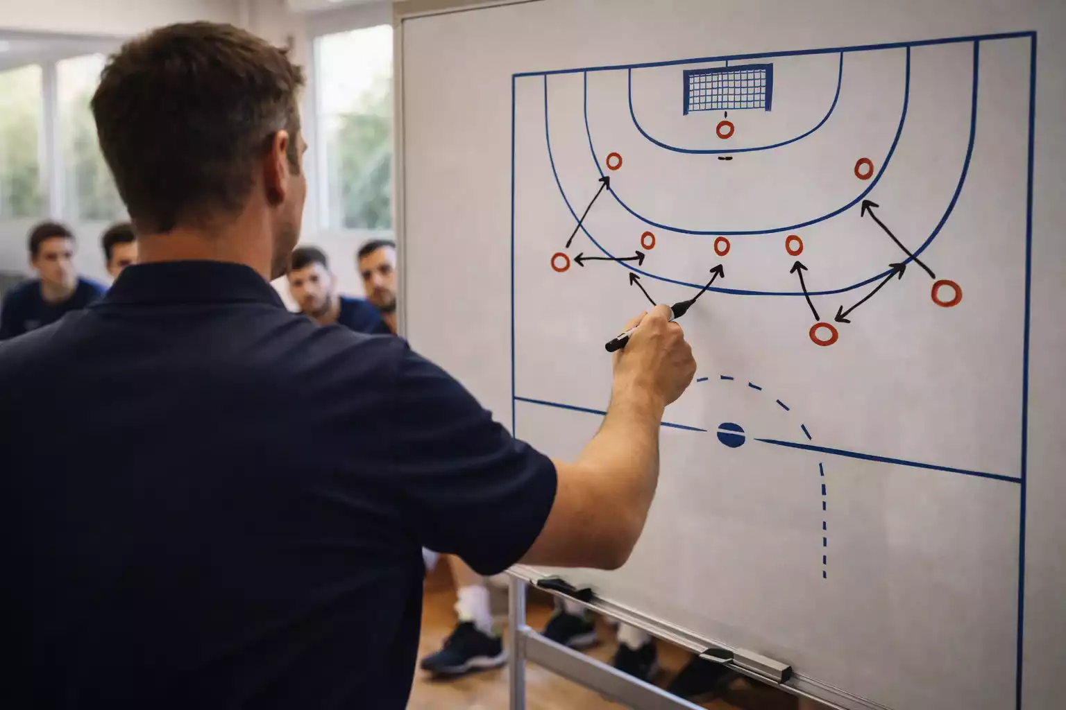 Trainer zeigt Handball-Taktik auf einem Whiteboard im Teamgespräch