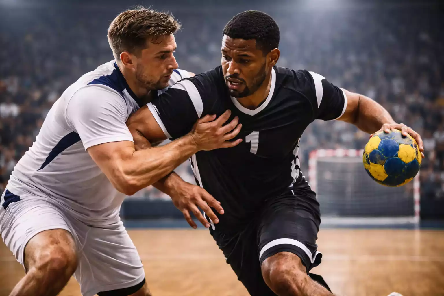 Zwei Handballspieler im intensiven Zweikampf um den Ball