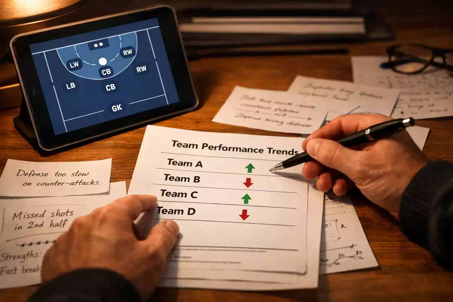 Sportanalyst studiert Handball-Statistiken auf mehreren Bildschirmen