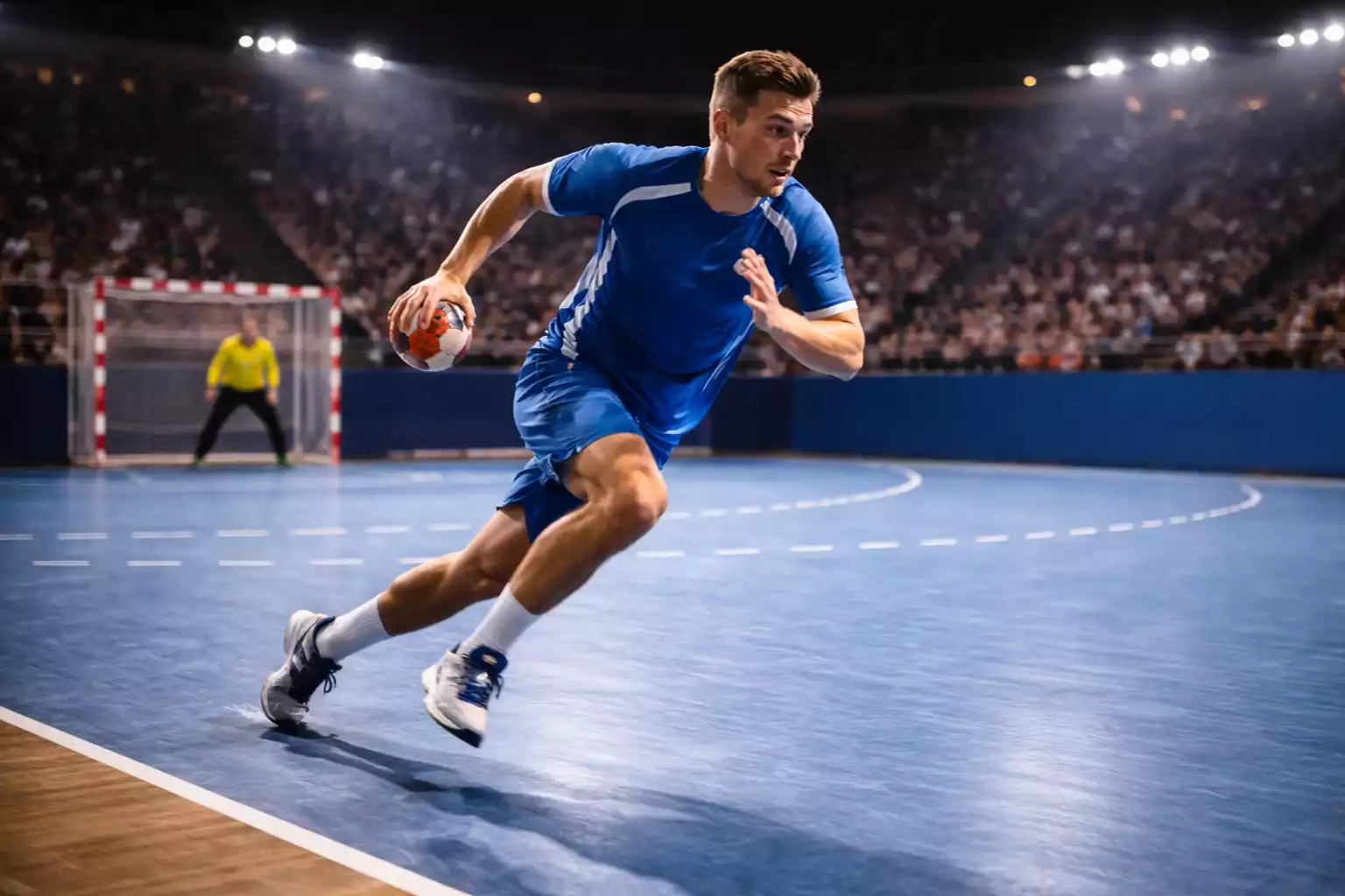 Schneller Gegenstoß im Handball mit sprintendem Spieler