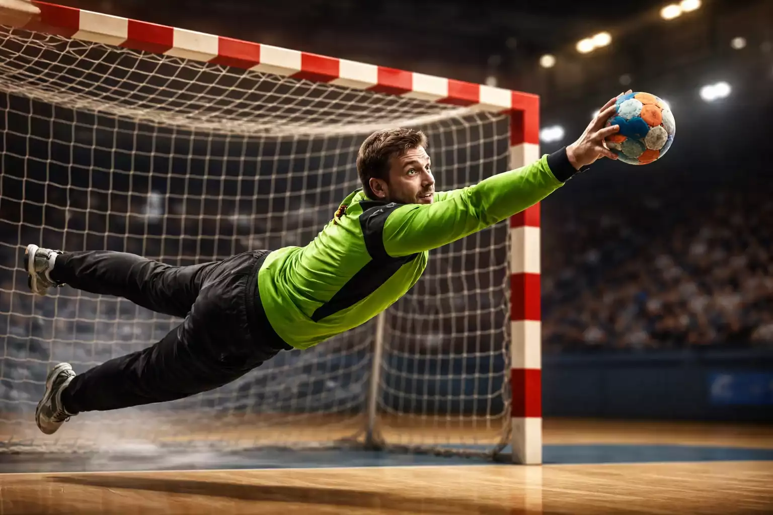 Handballtorhüter hält einen Wurf mit spektakulärer Parade