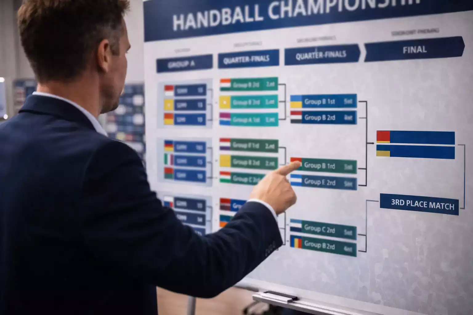 Sportjournalist vor einer Turniertafel mit Gruppenauslosung