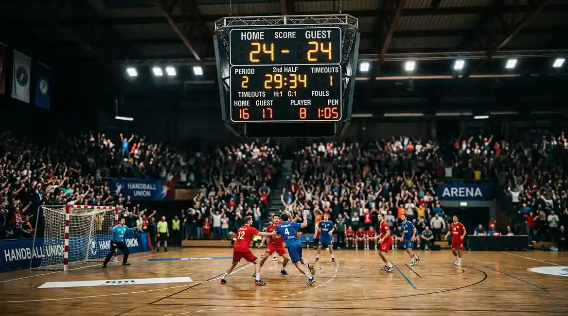 Handball-Anzeigetafel zeigt Gleichstand während eines spannenden Spiels