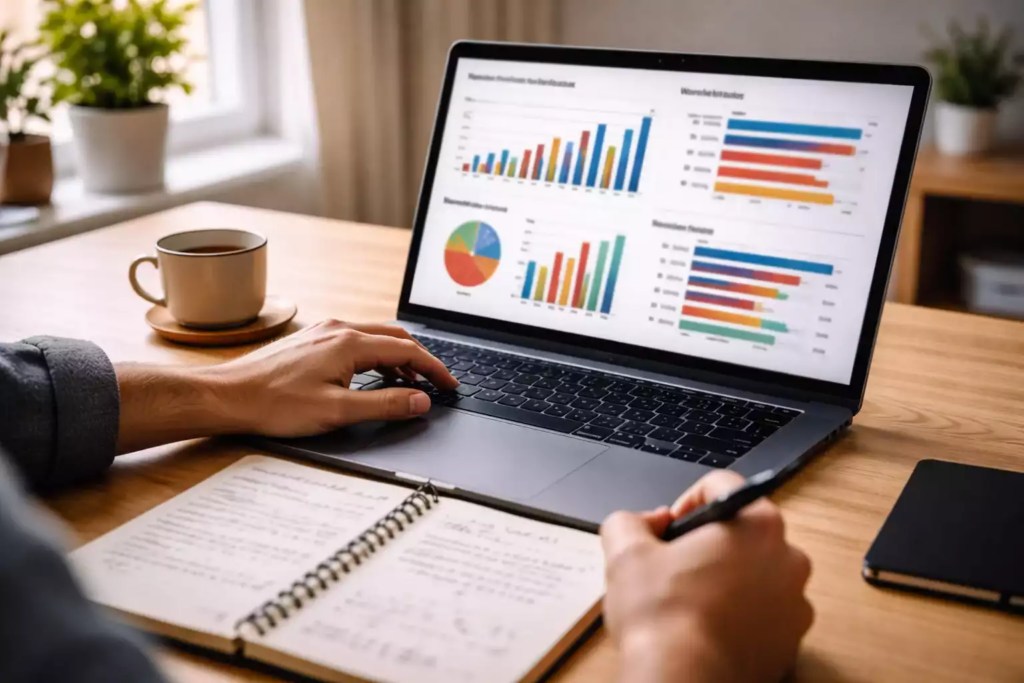 Sportwetten-Analyse auf Laptop mit Handball-Statistiken und Notizblock