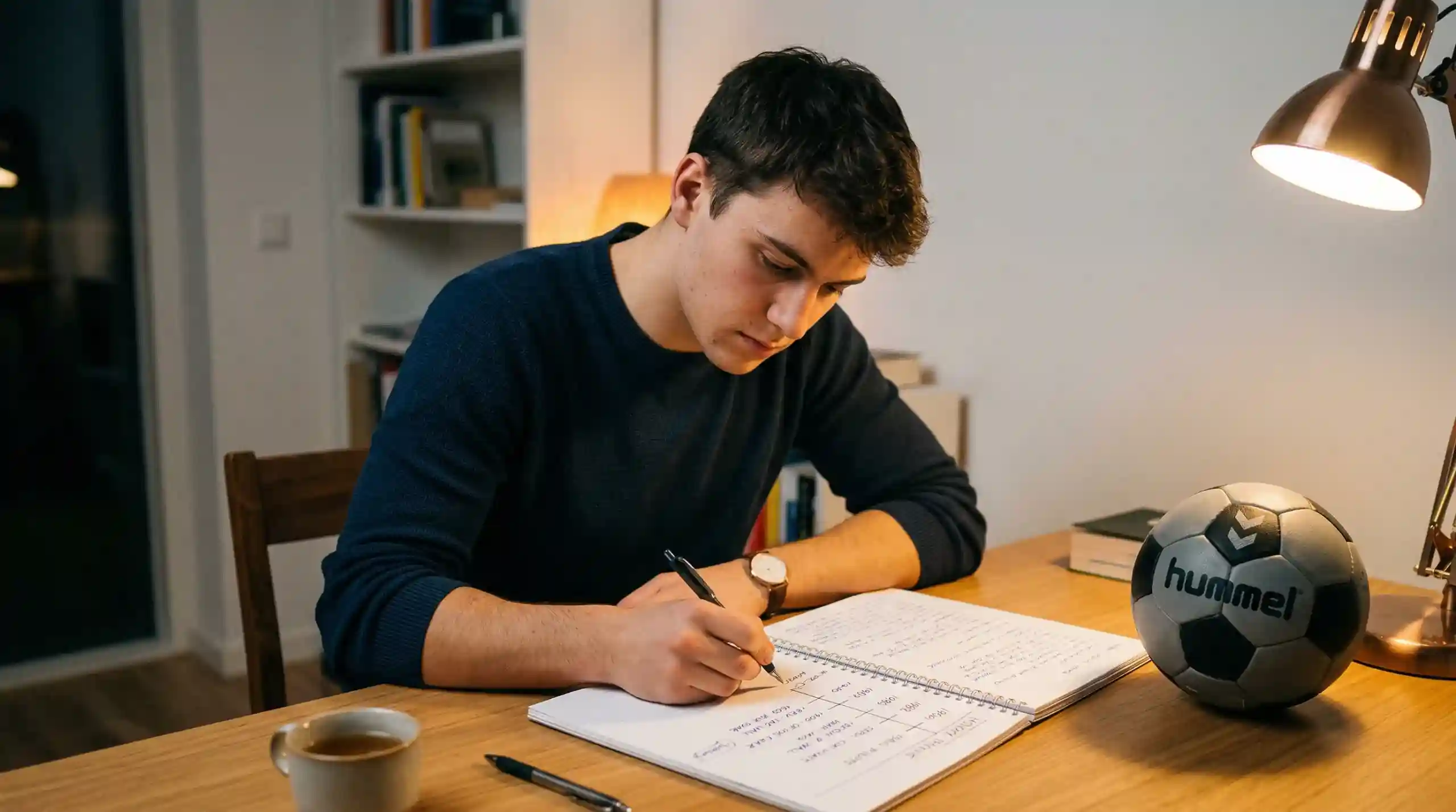 Junger Mann studiert Handball-Spielplan in einem Notizbuch am Schreibtisch