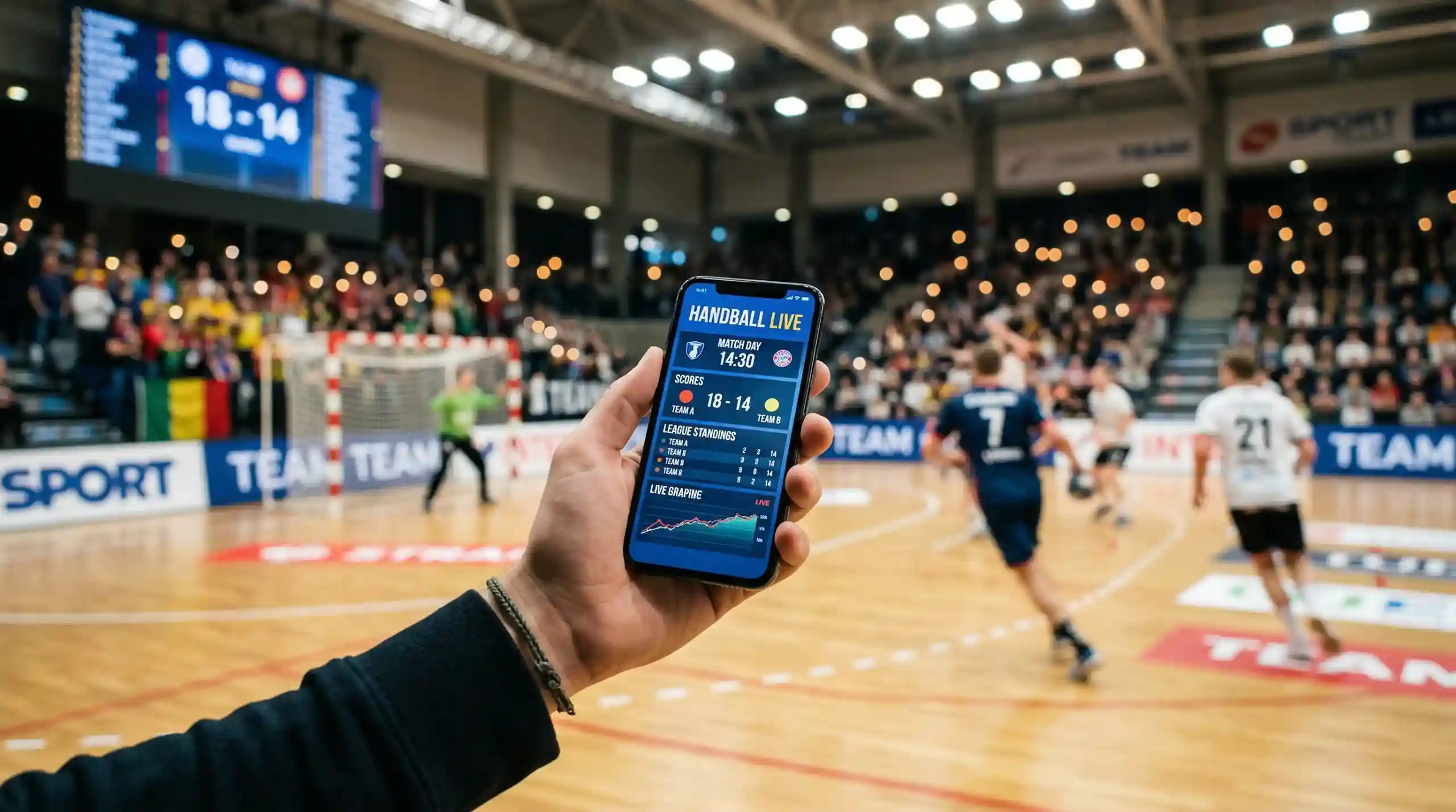 Hand hält Smartphone mit Sportwetten-App in einem Handballstadion