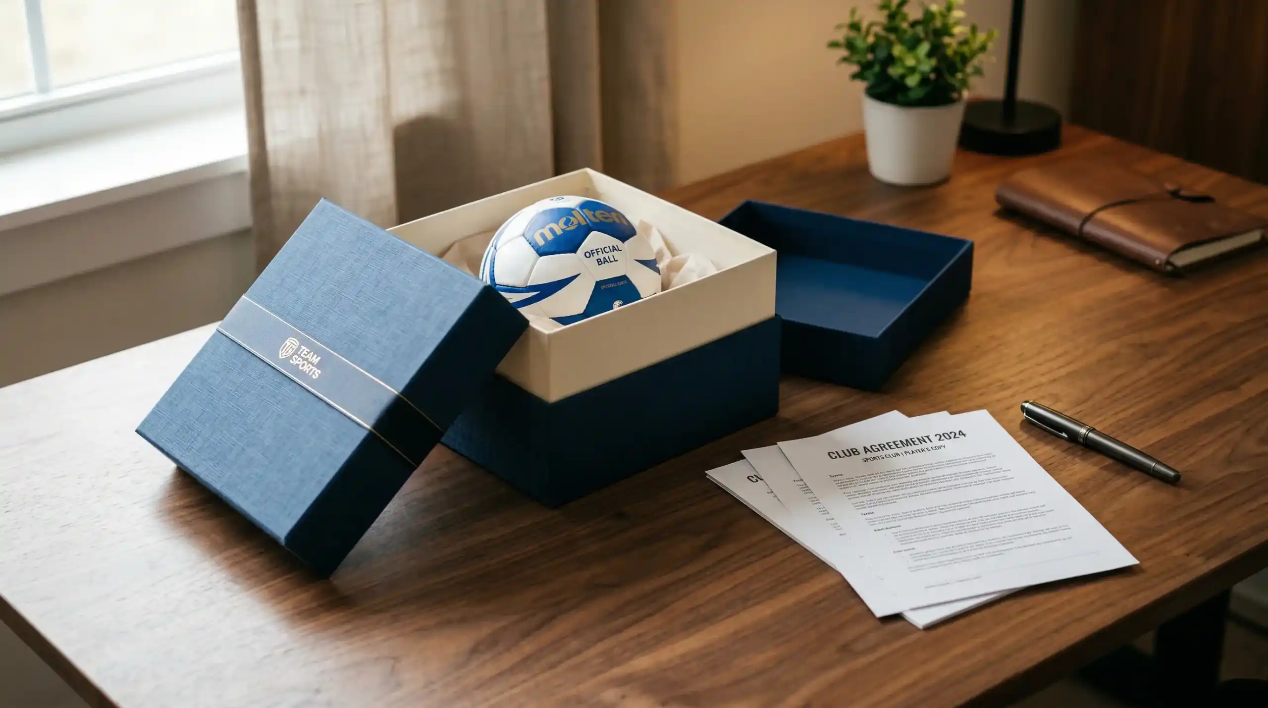 Geschenkbox mit Handball auf einem Tisch neben Sportdokumenten