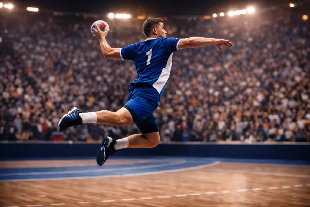 Handballspieler beim Torwurf in einer modernen Sporthalle mit begeisterten Zuschauern