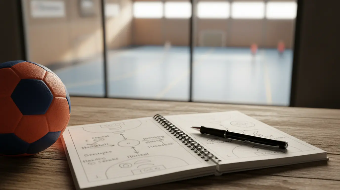 Handball-Analyse mit Notizbuch und Stift neben einem Handballfeld