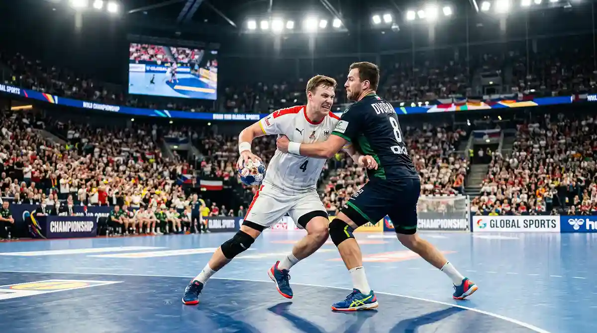Handball-Spieler verschiedener Nationen beim Duell auf dem WM-Spielfeld