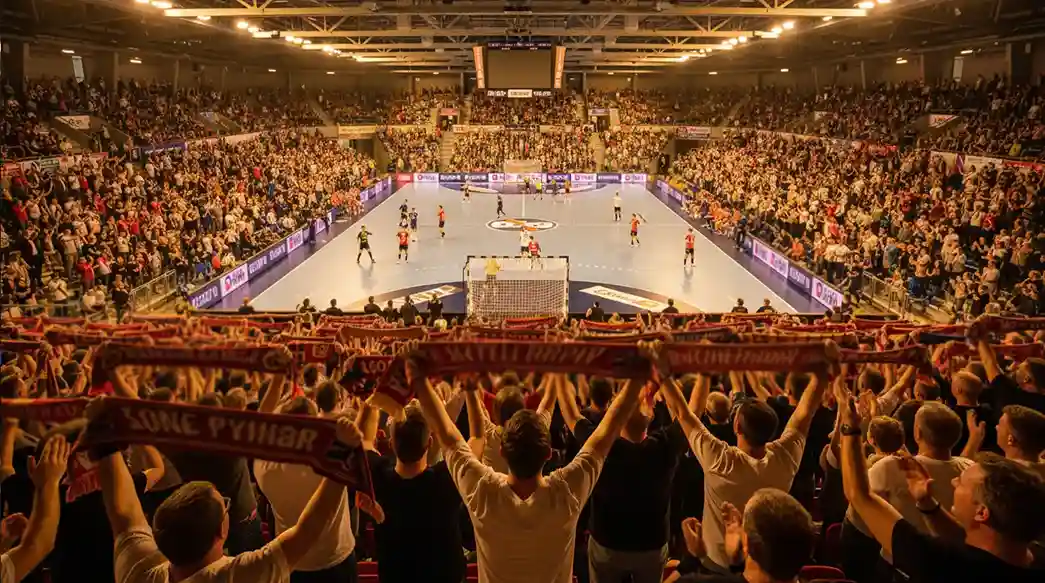 Begeisterte Handball-Fans in einer vollen Halle feuern ihr Heimteam an