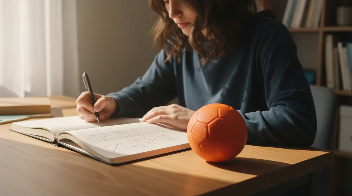 Person analysiert Handball-Statistiken mit einem Notizblock und Stift