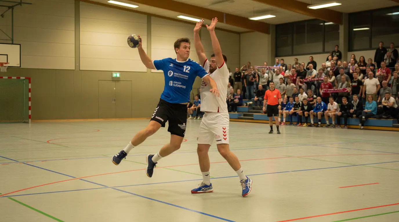Handballspiel in einer kleineren Halle der 2. Bundesliga mit engagiertem Publikum
